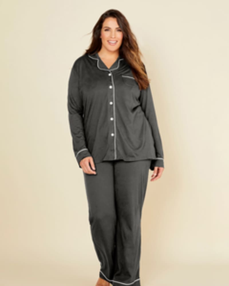 Front of a model wearing a size M Long-Sleeve Top and Pant Sleep Set in Anthracite / Ivory by Cosabella. | dia_product_style_image_id:253708